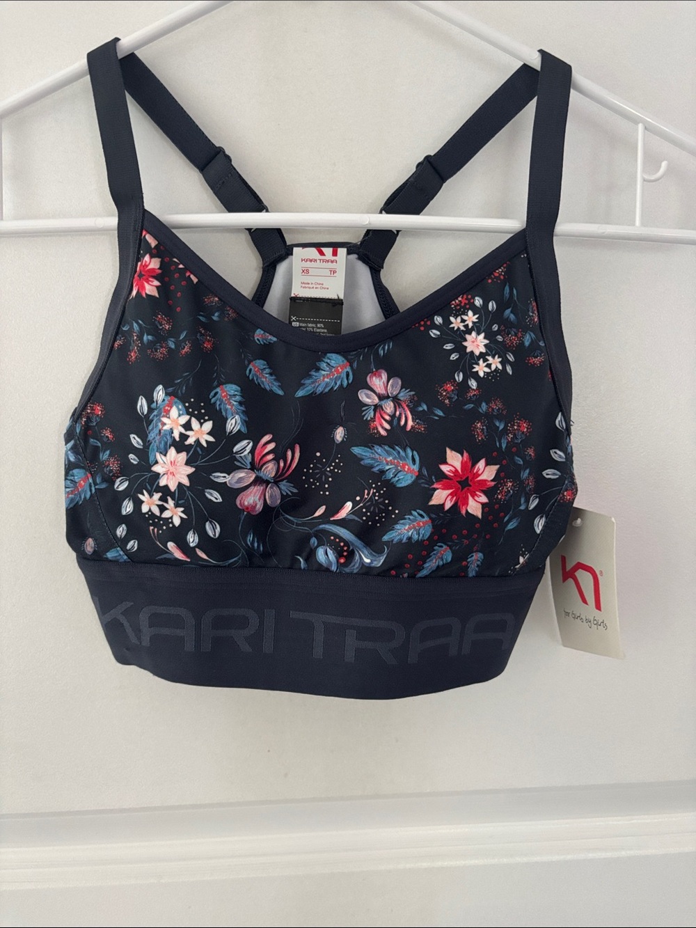 Kari Traa Floral Sports Bra in Navy with Pink & Blue Accents